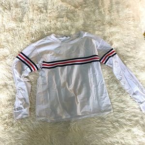 COPY - Long Sleeve White Tee with Red, White, & Blue Strip - Gaze - Size Small